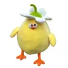 A cute yellow chick doll with white flowers on its head, green stems for decoration, orange PAWS and a white plush background is a children's gift Item Picture